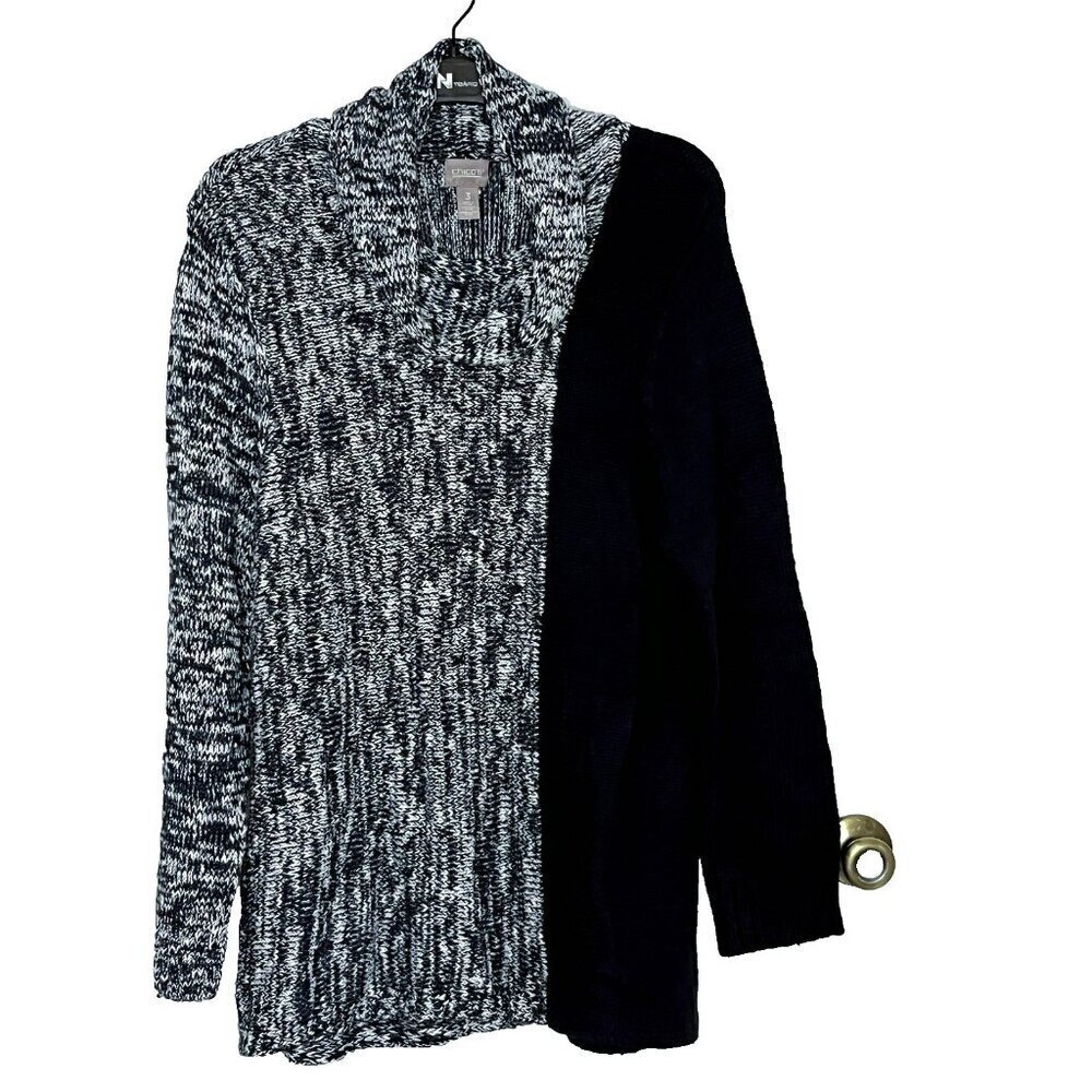 Chicos 3 Sweater Tunic XL Cowl Neck Chunky Knit Marled Navy Colorblock Cozychic